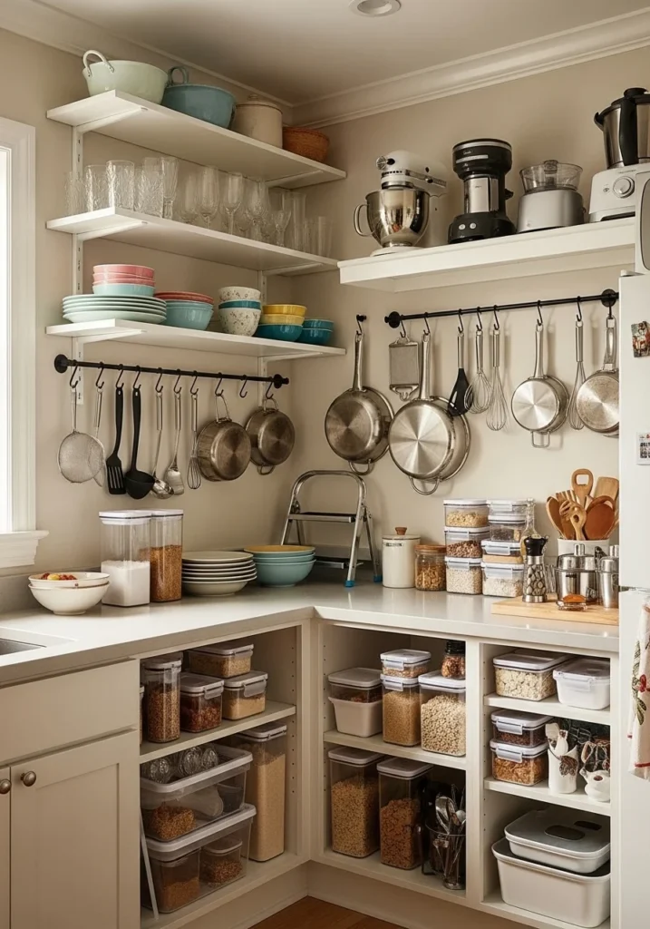 Additional Tips for Small Kitchens Compact kitchen with wall-mounted racks, under-shelf baskets, foldable furniture, and magnetic strips—showcasing smart storage solutions for small spaces.