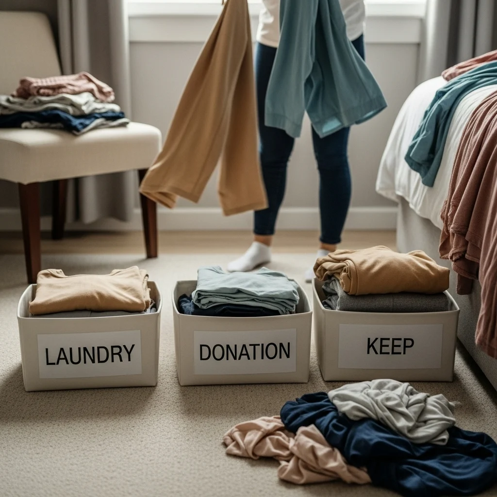 Blitz the Clothing Pile – 10 Minutes A messy pile of clothes on the bed being quickly sorted into keep, donate, and laundry piles—capturing the fast 10-minute clothing declutter process.