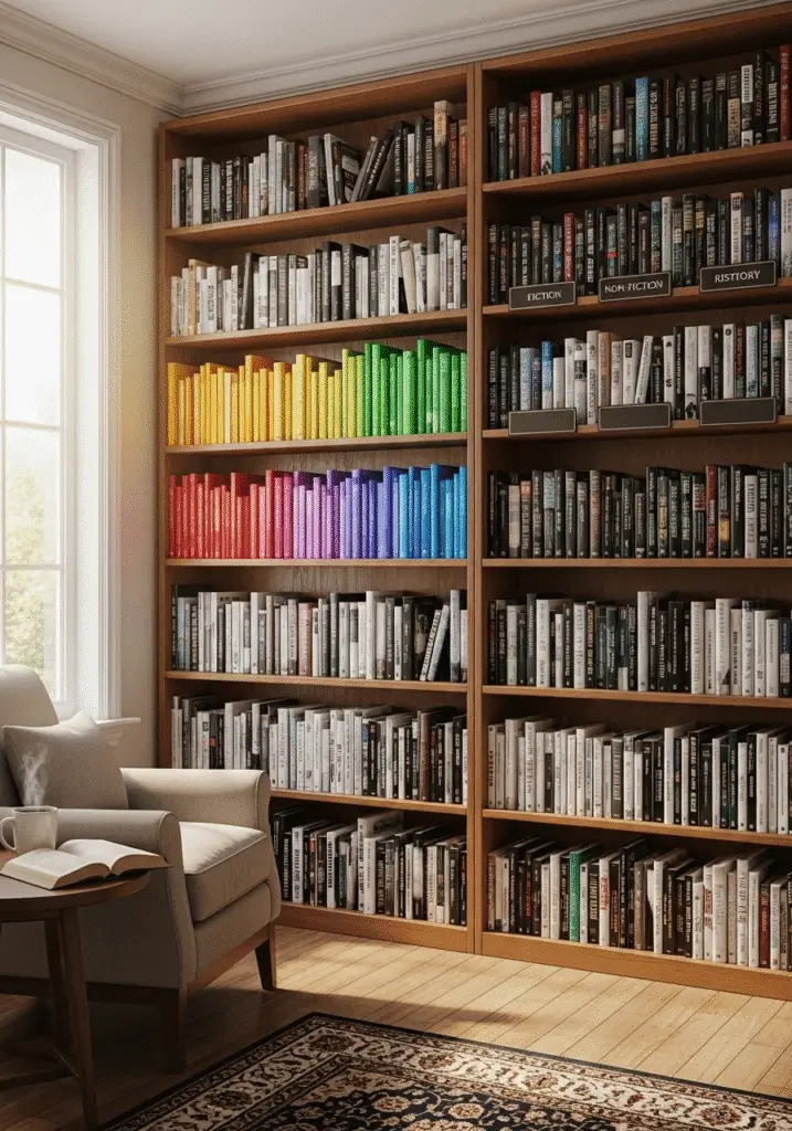 Categorizing Your Books Books sorted into categories by genre, author, and color on a modern bookshelf for easy organization