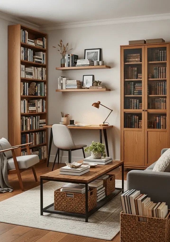 Choosing the Right Storage Solution Various storage solutions including bookshelves, cabinets, and storage boxes for organizing books and home items