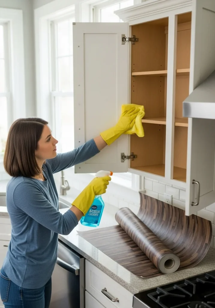 Clean the Cabinets Thoroughly Person cleaning kitchen cabinet shelves with microfiber cloth and natural cleaning spray, showing deep-cleaning and cabinet care.