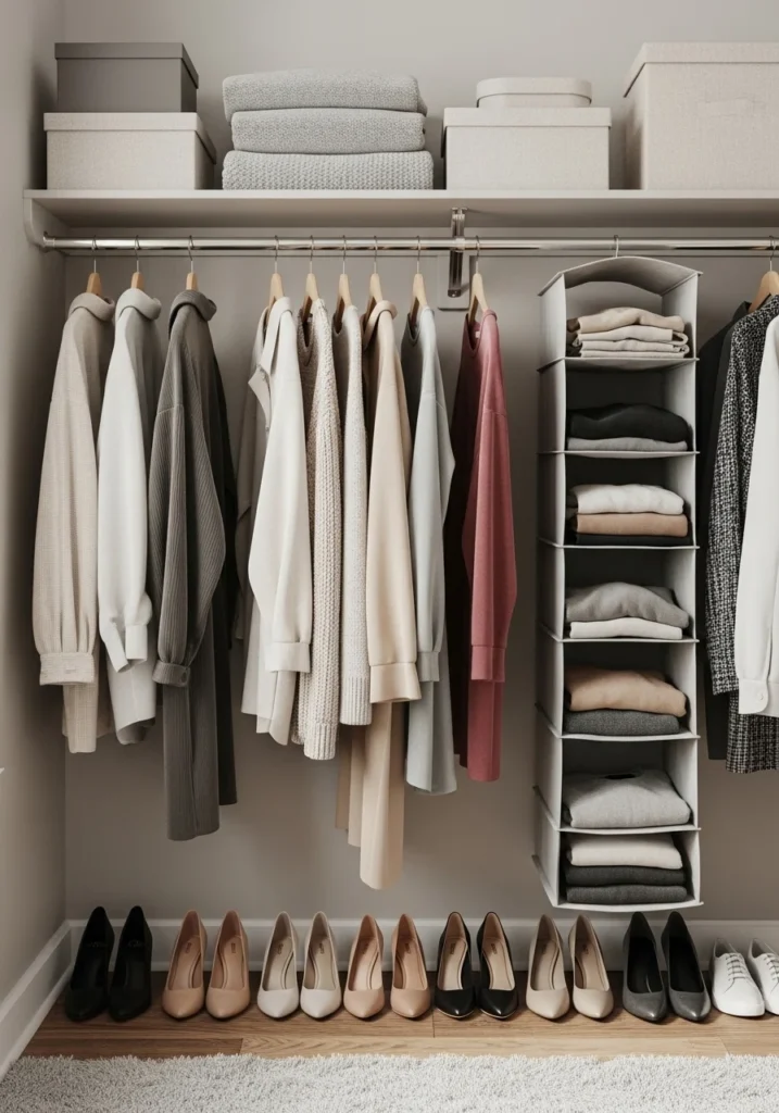 Closet Rapid‑Reset – 10 Minutes A closet mid-reset with clothes being rehung neatly, shoes aligned, and clutter quickly sorted into bins—showing a 10-minute closet organization process.