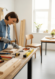 Handmade wooden furniture and DIY home decor projects displayed in a cozy, creative living space.