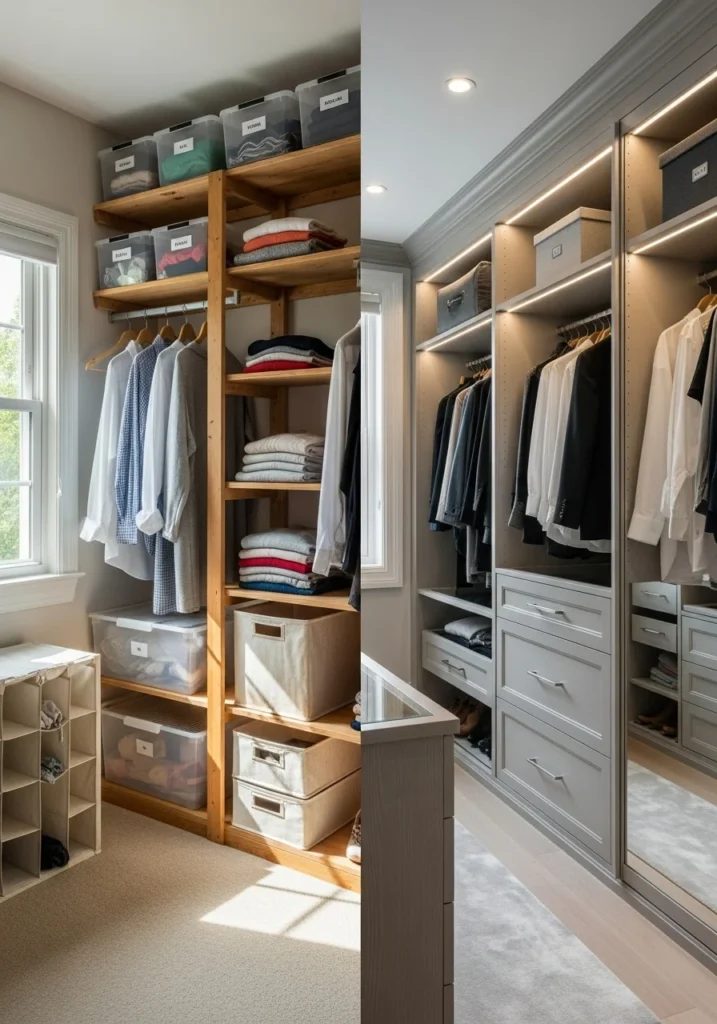 DIY vs. Professional Closet Systems Side-by-side comparison of a DIY closet system and a professionally installed closet, showcasing differences in design, layout, and finish.