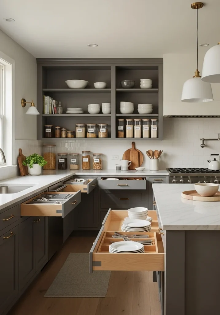 Final Thoughts (2) Clean and organized kitchen with natural light, minimal clutter, and a calm atmosphere—symbolizing the successful result of effective organization tips.