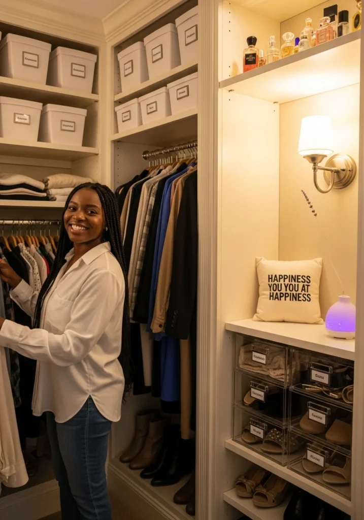 Final Thoughts (3) Neatly organized closet with labeled bins, hanging organizers, and smart space-saving storage solutions