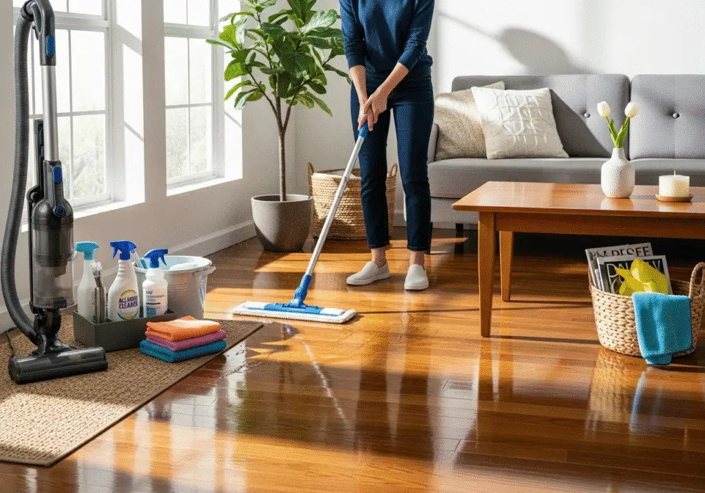 Well-maintained home interior with organized tools, cleaning supplies, and sparkling surfaces reflecting routine upkeep.