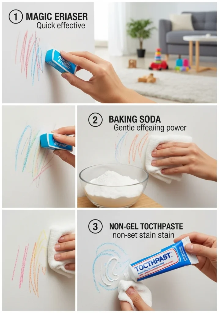 How to Remove Different Types of Wall Stains (2) Close-up of a hand cleaning various wall stains like grease, crayon marks, and water spots using a sponge and mild cleaning solution.