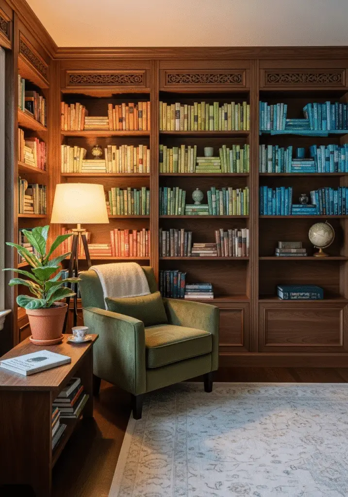 Introduction (14) Organized home library with neatly arranged books on wooden shelves and cozy reading corner