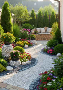Beautiful backyard garden with colorful flowers, hanging pots, and raised plant beds — perfect for gardening inspiration.