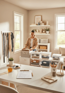 Modern organized home with minimal clutter, smart storage solutions, and a calming lifestyle setup.