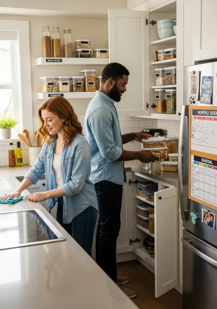 Maintain the System Tidy kitchen shelves with labeled containers and a checklist on the wall—illustrating a maintained and organized storage system.