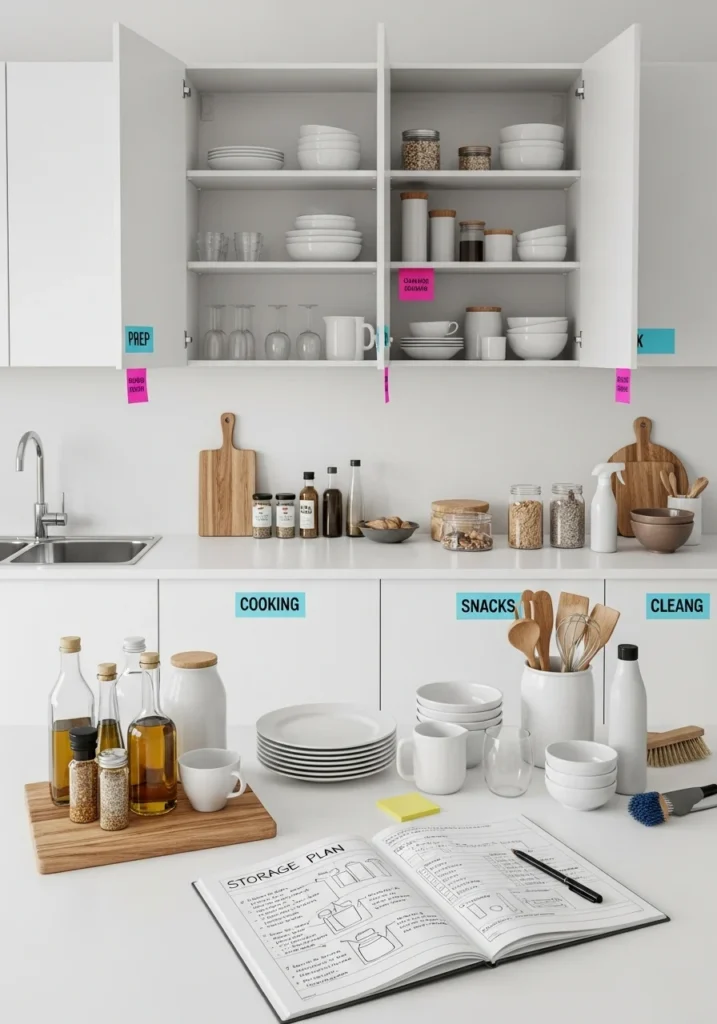 Plan Your Storage Strategy Top view of a kitchen layout plan with labeled zones, storage bins, and drawer dividers—showing a well-thought-out storage strategy.
