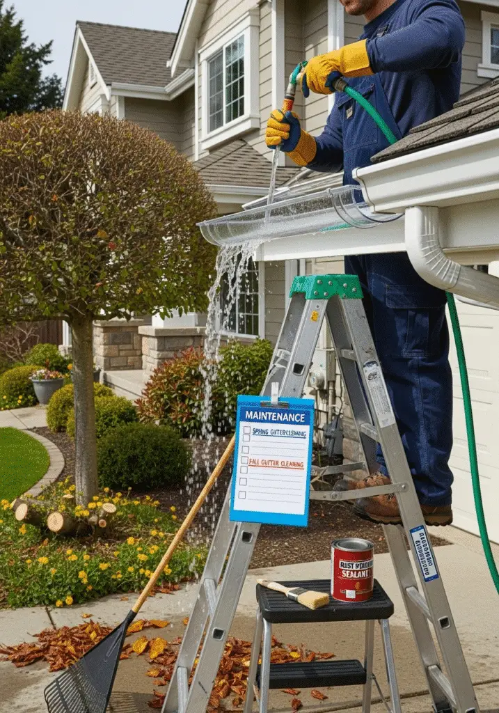Preventive Maintenance Tips (2) Homeowner applying preventive maintenance tips to keep gutters clean and functional