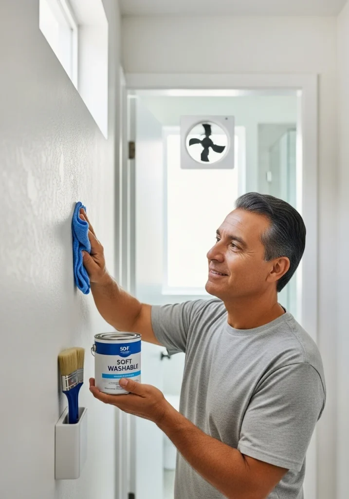Preventive Measures "Illustration of preventive measures for wall protection, including furniture spacing, wall guards, regular dusting, and moisture control.