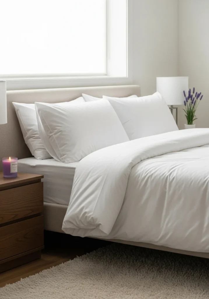 Quick Clean & Final Touches – 5 Minutes A freshly cleaned and organized bedroom with pillows fluffed, surfaces dusted, curtains adjusted, and a calming candle lit—showing final 5-minute touches.