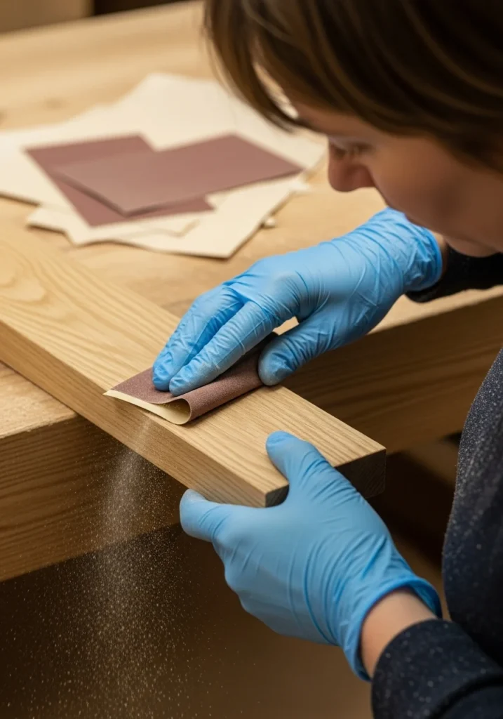 Step 3 Smooth the Edges Sanding wooden shelf edges with sandpaper for a smooth finish