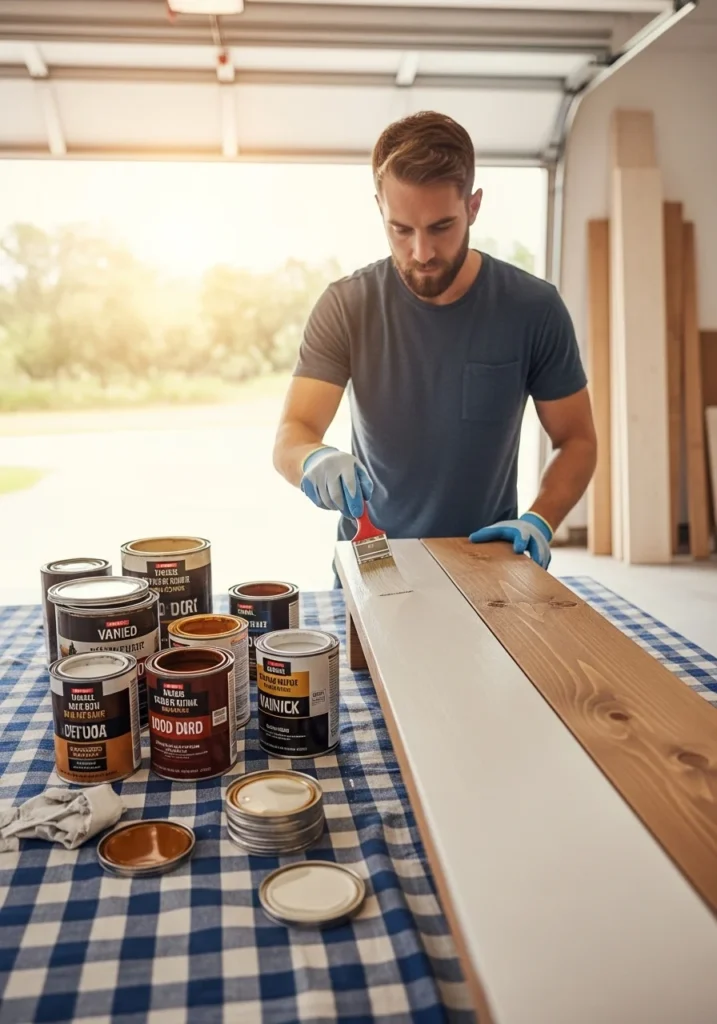 Step 4 Finish Your Wood (Optional) Applying wood stain or varnish to a shelf plank for a polished finish