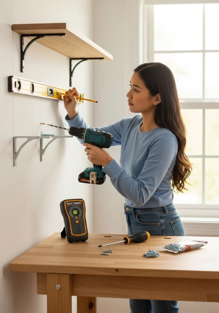 Step 5 Mark and Install Brackets Person marking wall for shelf bracket installation using level and pencil