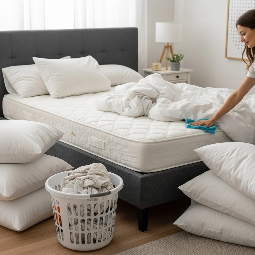 Strip & Clear the Bed – 5 Minutes A bed in the process of being stripped—pillows removed, sheets pulled off, and blankets folded—showing the first step of a quick bedroom declutter.