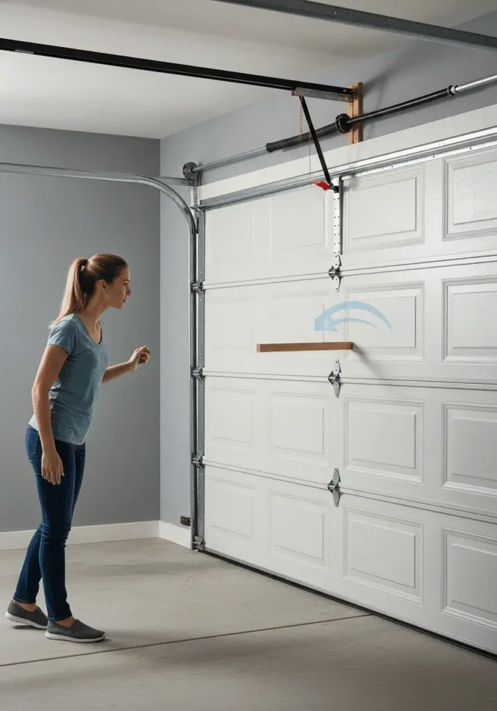 Test Garage Door Auto-Reverse Feature Person testing the garage door auto-reverse safety feature with an object placed underneath