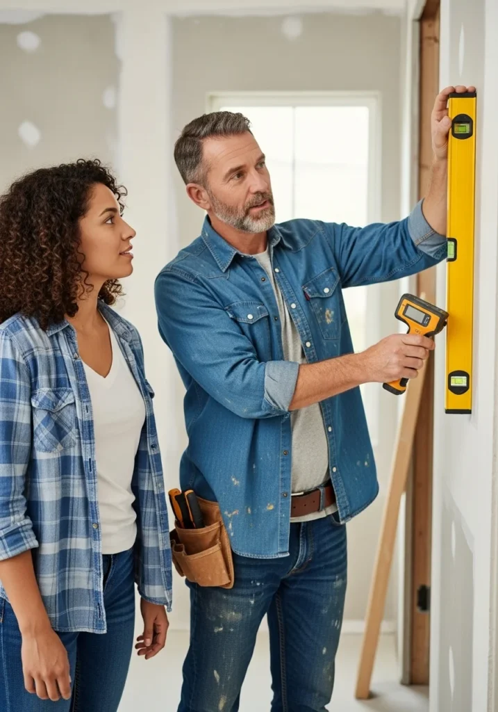 When to Call a Professional Professional carpenter inspecting and repairing a damaged wooden shelf in a modern home