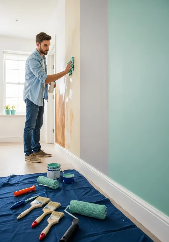 When to Repaint Your Walls "A person inspecting faded and stained interior walls, preparing for repainting with paint rollers and color swatches nearby."